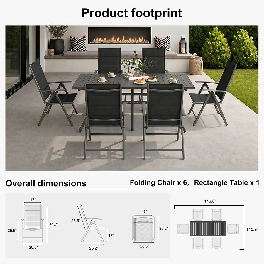 PURPLE LEAF  Folding Outdoor Dining Set  with Aluminum Table and Padded Chairs All Weather Dining Table Sets for Garden Backyard Poolside