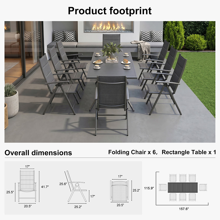 PURPLE LEAF  Folding Outdoor Dining Set  with Aluminum Table and Padded Chairs All Weather Dining Table Sets for Garden Backyard Poolside